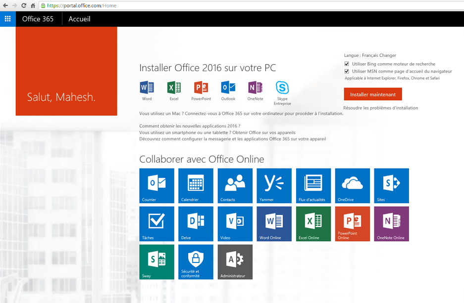 Capture d’écran de l’installation d’Office 365 sur un PC
