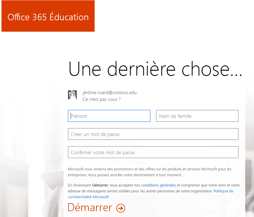 Capture d’écran de la page de création de mot de passe pour le processus d’inscription Office 365.