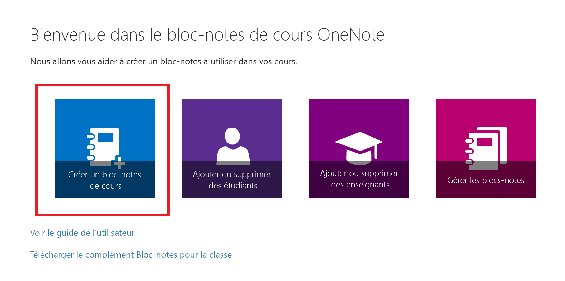 Capture d’écran de la page d’accueil de l’application Bloc-notes de cours