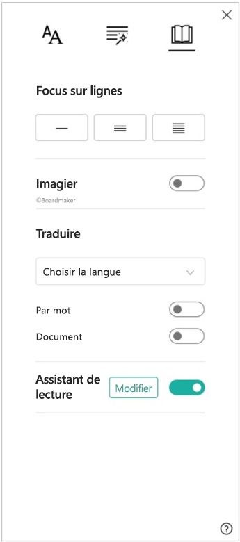 Capture d’écran du volet des préférences de lecture du lecteur immersif, montrant les options de focus sur la ligne, le dictionnaire d’images, la traduction et l’Assistant lecture.