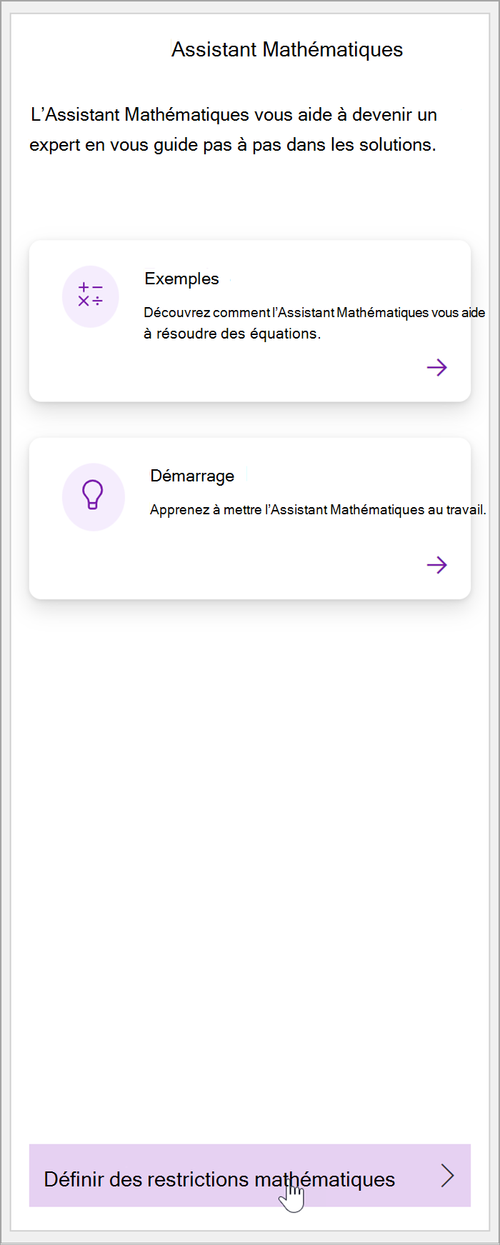 capture d’écran du volet mathématique dans OneNote. Un curseur pointe sur le bouton Définir des restrictions mathématiques