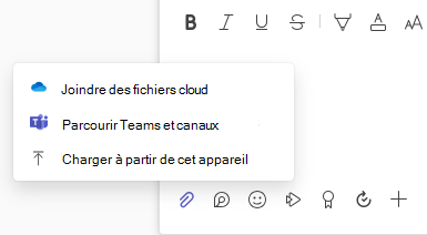 Capture d’écran montrant le menu Pièce jointe avec les options de chargement et de fichier cloud.