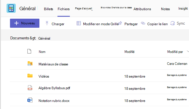 Capture d’écran montrant Files onglet montrant les documents de classe et les fichiers partagés.