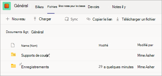 Onglet de fichiers d’une équipe de classe avec le dossier Enregistrements