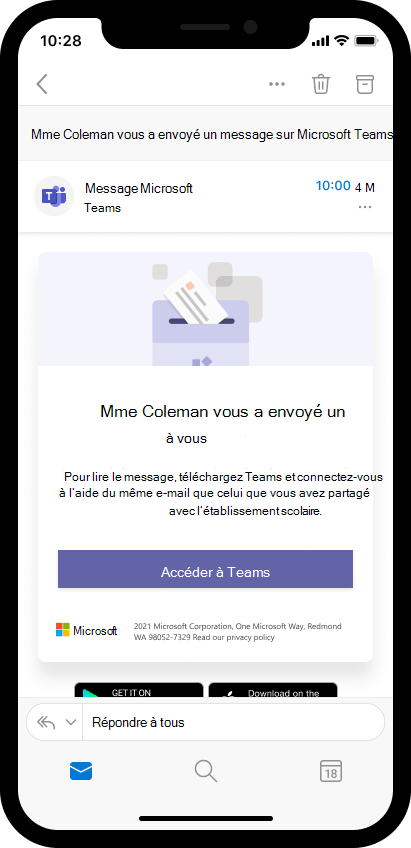 Capture d’écran d’un message électronique sur un appareil mobile invitant le parent à ouvrir des enseignants dans Teams.