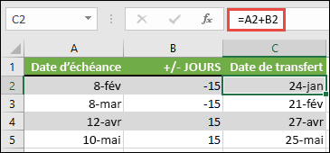 Ajouter ou soustraire des jours à partir d’une date avec =A2+B2, où A2 est une date et B2 est le nombre de jours à ajouter ou soustraire.