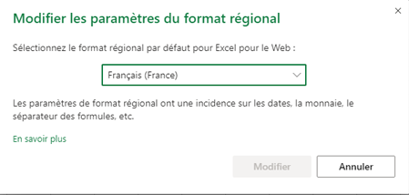 Boîte de dialogue Modifier les paramètres de format régional