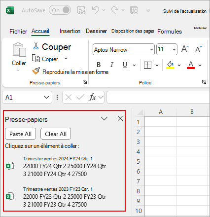 Capture d’écran illustrant le Presse-papiers Excel avec des extraits.