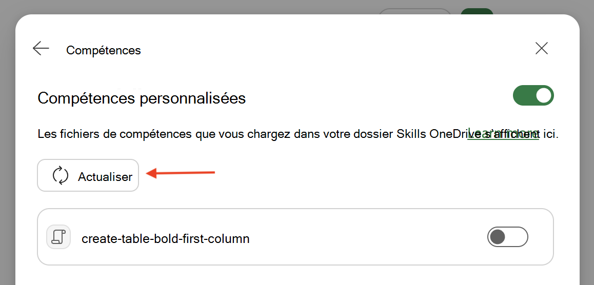 Capture d’écran de la boîte de dialogue Compétences personnalisées Copilot dans Excel avec le bouton Actualiser mis en surbrillance.