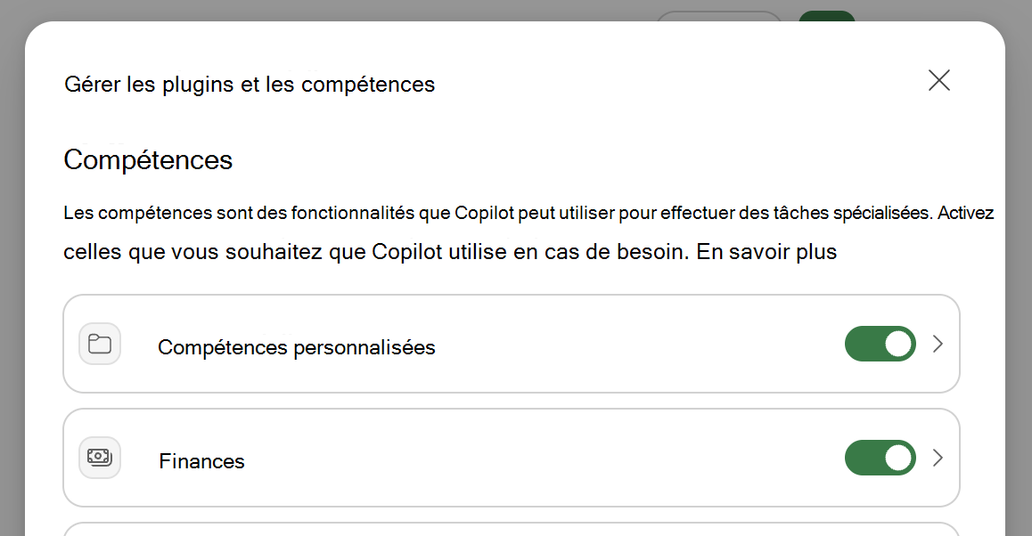 Capture d’écran de la boîte de dialogue Gérer les plug-ins & les compétences Copilot dans Excel.