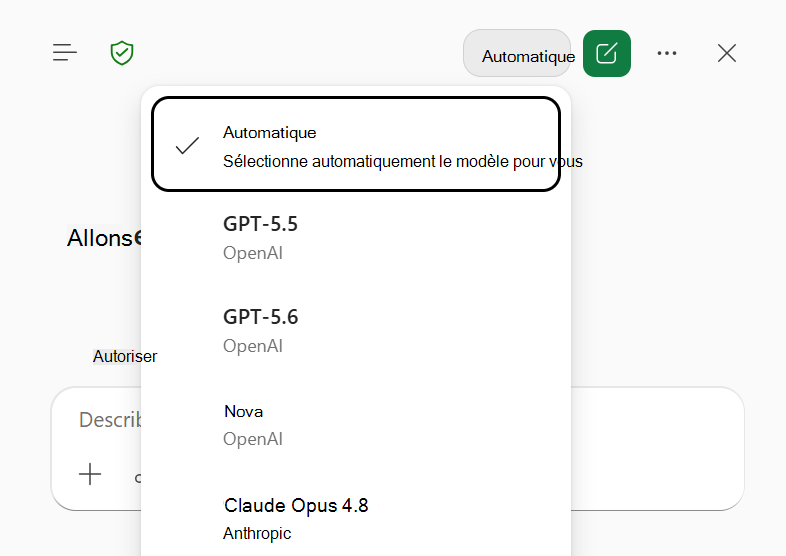 Sélecteur de modèle Copilot dans Excel, avec le mode automatique (Microsoft Support)