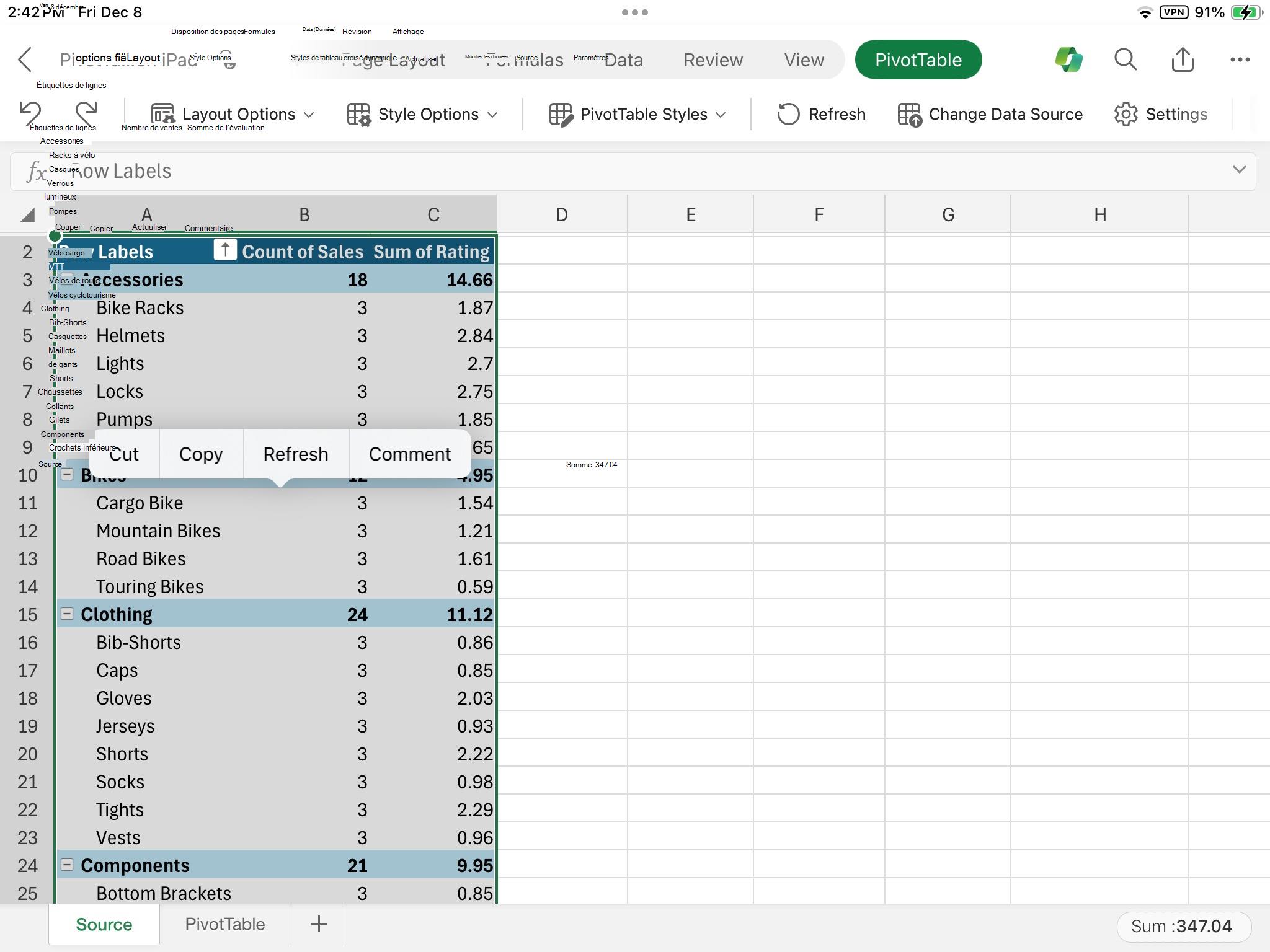 Couper le tableau croisé dynamique sur iPad