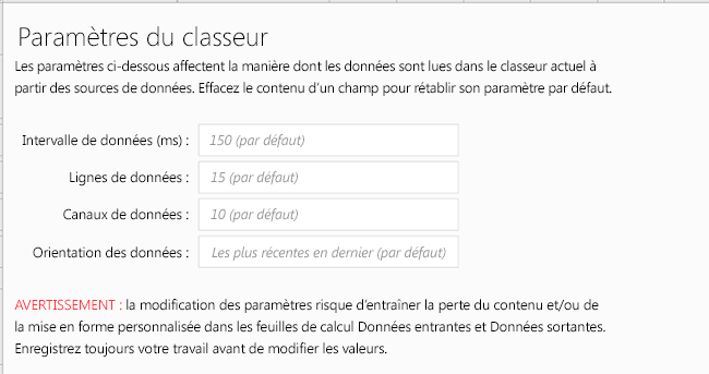 Afficher l’onglet Paramètres du classeur pour Data Streamer