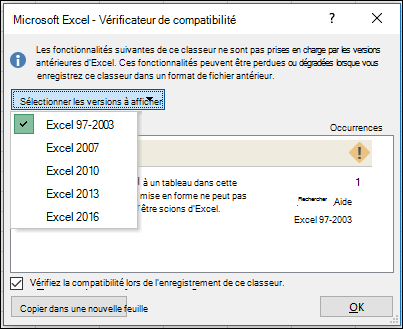 Boîte de dialogue Vérificateur de compatibilité Excel