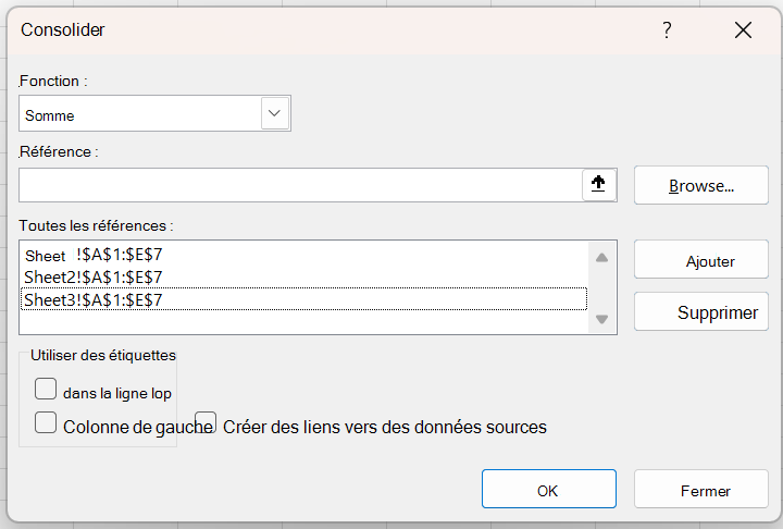 Boîte de dialogue Consolider avec plusieurs références dans Excel (Microsoft Support)