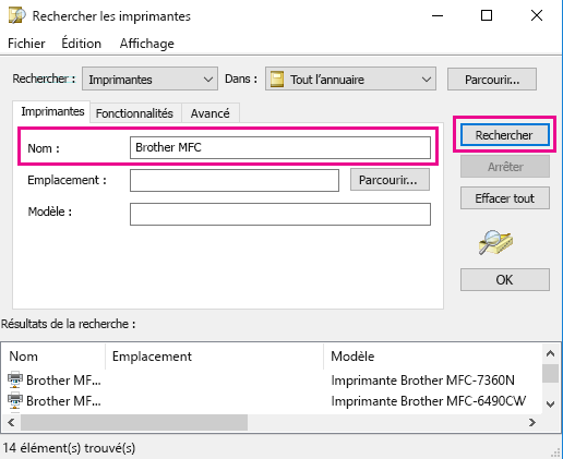 Dans la zone Nom, tapez le nom de l’imprimante ou laissez-le vide si vous ne connaissez pas le nom. Cliquez ensuite sur Rechercher maintenant.