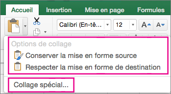 Menu Coller avec ses options et Collage spécial