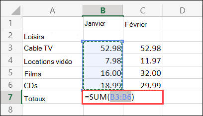 Cellule de somme automatique d’Excel pour le web
