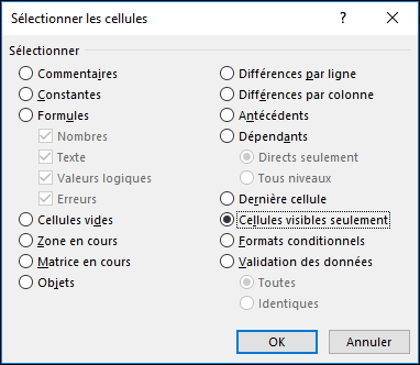 Boîte de dialogue Sélectionner les cellules