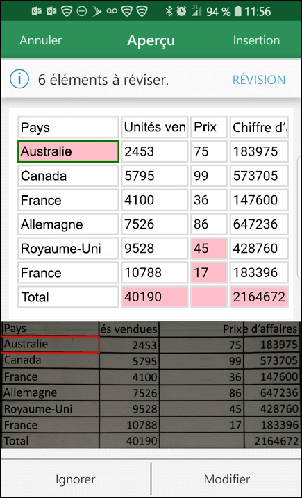 L’option Excel d’importation de données provenant d’une image vous permet de corriger les problèmes détectés lors de la conversion de vos données.