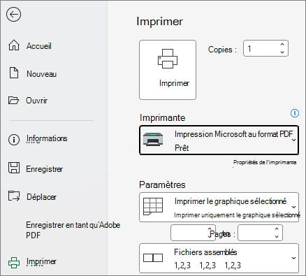 Capture d’écran montrant le menu déroulant Imprimante, identifiez l’imprimante que vous souhaitez utiliser.