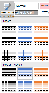 Sélections dans la galerie de styles Excel pour l’option Mettre sous forme de tableau