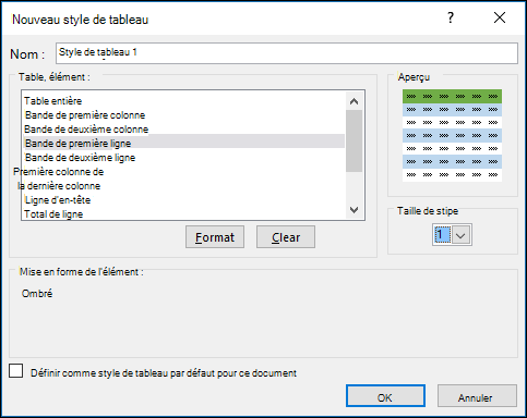 Options de la boîte de dialogue Nouveau style de tableau pour appliquer des styles personnalisés à un tableau