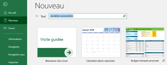 Nouvel onglet du menu Fichier, avec le champ de recherche de modèles en ligne utilisé