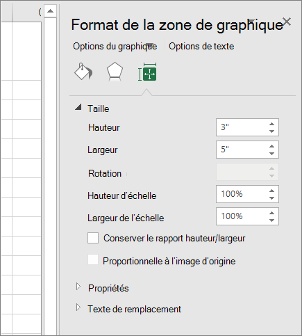 Capture d’écran montrant comment ajuster la taille du graphique dans la boîte de dialogue Formater la zone du graphique.