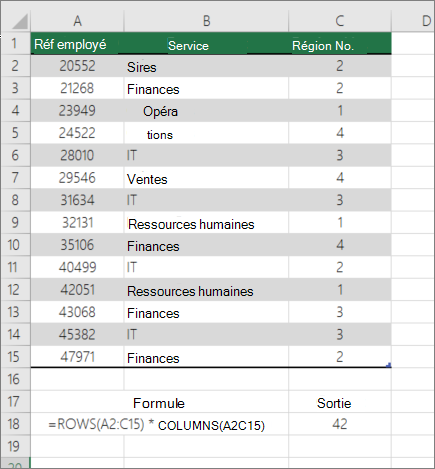 Exemple de fonctions LIGNES et COLONNES pour compter le nombre de cellules d’une plage