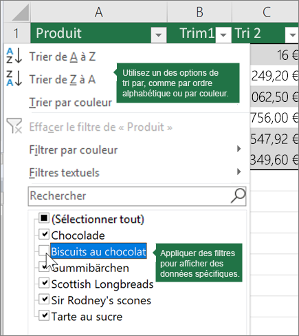Trier ou appliquer un filtre à la table