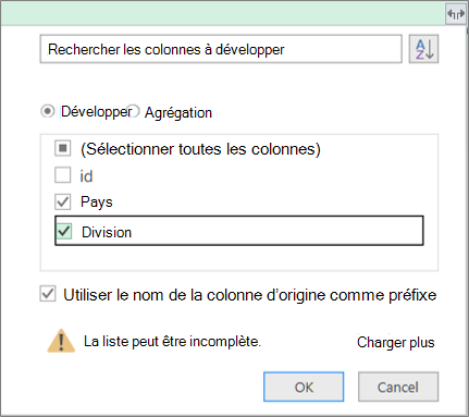 développement de la table structurée dans la table de requête