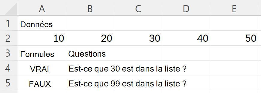HAS renvoie VRAI pour 30 et FAUX pour 99 lors de la recherche d’une plage contenant 10, 20, 30, 40 et 50