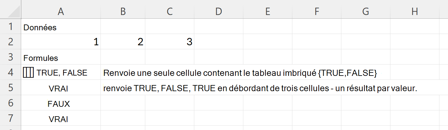 HAS renvoie TRUE et FALSE dans une seule cellule de tableau imbriqué, et TRUE, FALSE, TRUE de trois cellules vers le bas