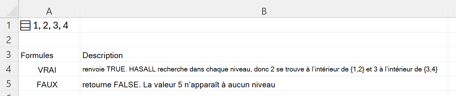 Utilisation de HASALL pour effectuer une recherche à l’intérieur d’un tableau imbriqué stocké dans une seule cellule