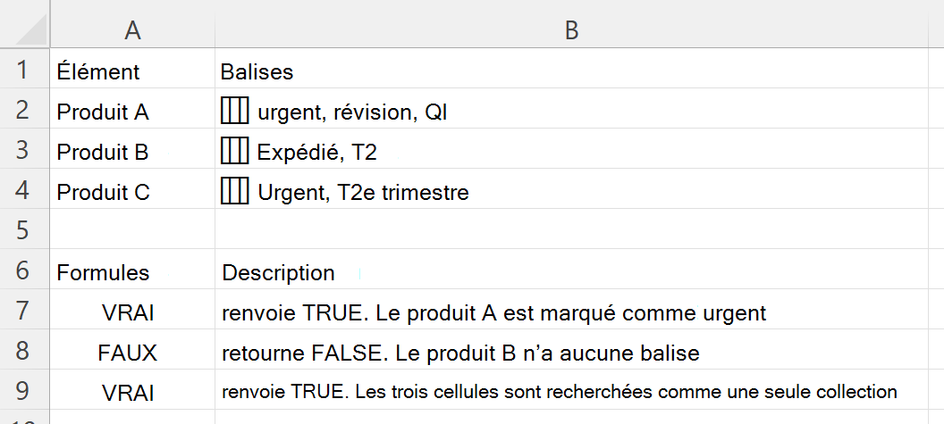 Utilisation de HASANY pour case activée si une cellule contenant un tableau imbriqué de balises inclut l’une des balises choisies