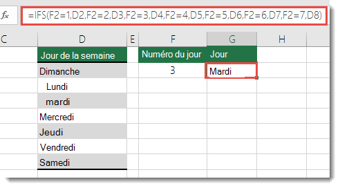 Fonction IFS - Exemple jours de la semaine - La formule dans la cellule G2 est  =IFS(F2=1,D2,F2=2,D3,F2=3,D4,F2=4,D5,F2=5,D6,F2=6,D7,F2=7,D8)