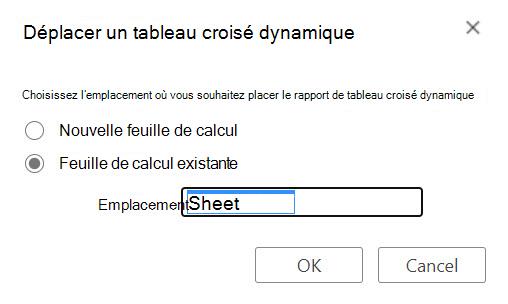 Boîte de dialogue Déplacer le tableau croisé dynamique dans Excel sur le Web.