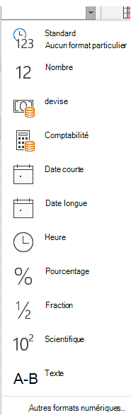 Capture d’écran montrant l’écran déroulant du format de nombre.