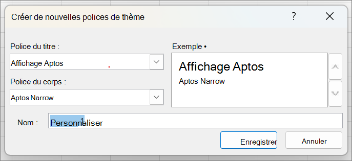 Capture dʼécran montrant lʼoption Créer de nouvelles polices de thème.