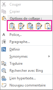 Groupe de boutons des cinq options de collage de graphiques Excel dans Word