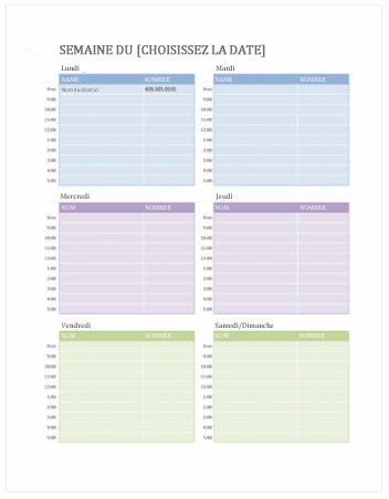 Modèle de calendrier de Calendar pour les rendez-vous hebdomadaires (Word)