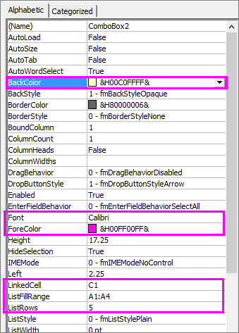 Paramètres Propriété pour une zone de liste modifiable ActiveX