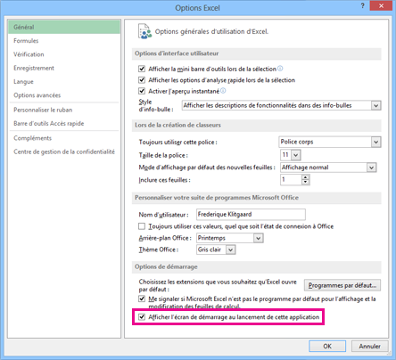 Capture d’écran montrant les options de démarrage dans la boîte de dialogue Options d’Excel.