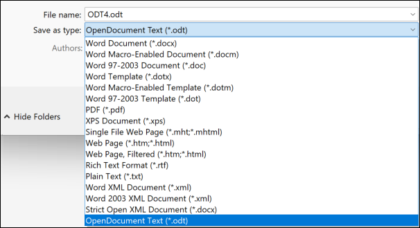 Capture d’écran de l’enregistrement d’un document Word au format ODT4