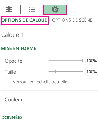Icône Paramètres sous l'onglet Options de calque
