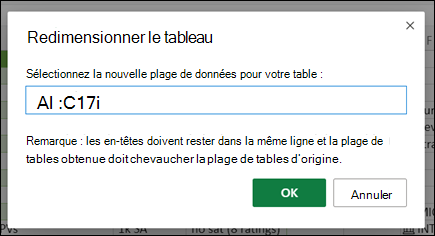 Boîte de dialogue Redimensionner le tableau