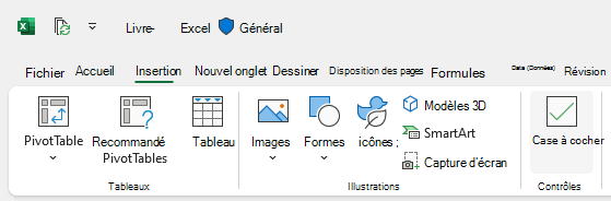Bouton Insérer une case à cocher sous l’onglet Insertion