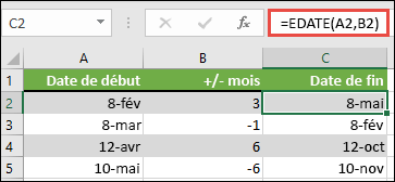 Utilisez EDATE pour ajouter ou soustraire des mois à partir d’une date. Dans ce cas, =EDATE(A2,B2) où A2 est une date et B2 a le nombre de mois à ajouter ou à soustraire.