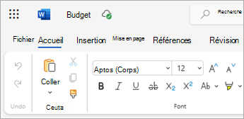 Capture d’écran montrant un fichier Word ouvert à partir de OneDrive sur le web.